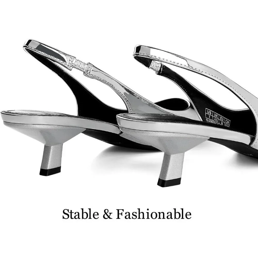 Women Slingback Silver Heel Pumps Dressy Kitten Heels Sandals Wide Width Shoes - Picture 3 of 6